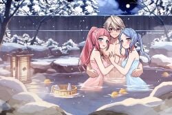 1boy 2girls arms_around_partner arms_around_waist bath_towel blue_eyes blue_hair blush breasts clouds corrin_(fire_emblem) corrin_(fire_emblem)_(male) fangs felicia_(fire_emblem) fire_emblem fire_emblem_fates flora_(fire_emblem) hand_on_chest hot_spring lantern moon muscles naked_male_with_half_naked_female night nipples onsen pink_hair ponytail red_eyes rein_creamsoda sisters smile snow snowing spiky_hair steam towel trees twin_sisters twintails wet_body white_hair wooden_fence