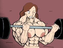 abs background big_breast big_breasts bighouseoflove_(artist) black_eyes bodybuilder excercise female hilda_(series) holding_object johanna_(hilda) mature_female medium_hair milf muscular muscular_arms muscular_female naked netflix nipples nude nude_female simple_coloring sweat weights