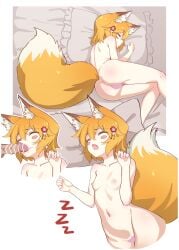 1girls absurdres animal_ears blonde_hair blush_stickers breasts censored closed_eyes completely_nude fangs fellatio female female_only fox_ears fox_girl fox_tail heart heart_censor highres irrumatio lying n3moni naked nude on_side open_mouth oral penis senko_(sewayaki_kitsune_no_senko-san) sewayaki_kitsune_no_senko-san short_hair skin_fangs sleep_molestation sleeping small_breasts tail zzz