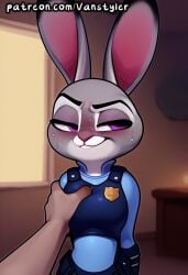 1girls ai_generated animal_ears anthro bedroom_eyes blush breasts bunny bunny_ears disney embarrassed furry furry_female grabbing_breasts grey_body grey_fur groping groping_breasts human_on_anthro indoors judy_hopps looking_pleasured patreon police police_uniform policewoman pov pov_eye_contact purple_eyes rabbit rabbit_ears shortstack size_difference slim_waist small_breasts smaller_female sweat sweatdrop sweating vanstyler zootopia