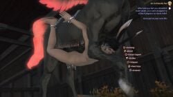 2boys bad_end black_hair bound chains chastity_cage equine equine_penis final_fantasy_xiv gameplay_mechanics male rape status_effect triata_art viera zoophilia