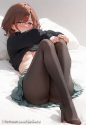 ai_generated ass beauty_mark beauty_mark_under_eye belliora big_ass blush breasts breasts_out brown_hair exposed_breasts female female_focus female_only hair hair_ornament hairclip higuchi_madoka idolmaster idolmaster_shiny_colors laying_down laying_on_back laying_on_bed legs_up looking_at_viewer patreon patreon_username pink_hair pussy_lips pussy_outline shirt shirt_lift shirt_up short_hair skirt solo solo_female solo_focus stocking stockings upskirt