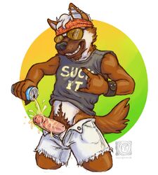 1boy alcohol anthro bandana beer beverage bracelet canine chewycuticle clothed clothing denim drink erection eyewear fur furry furry_only gaslightdog glasses male male_only mammal penis piercing pubic_hair shirt shorts sketch solo tail uncut veins veiny_penis