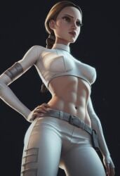 abs ai_generated belt black_background brown_eyes brown_hair clone_wars duchess_eugene fit_female grey_belt hand_on_hip low-angle_view midriff mole mole_above_mouth mole_under_eye navel padme_amidala ponytail ponytails ripped_bodysuit ripped_clothing simple_background star_wars tagme torn_clothes torn_clothing tummy white_bodysuit white_pants