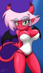 asmodeus'_assistant buckteeth cute_face demon_girl demon_horns demon_tail demon_wings female freckles glasses helluva_boss large_breasts massive_breasts one_piece panties pink_hair red_body sandwich-anomaly sparkles_j succubus