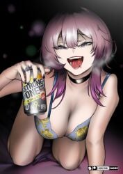 alcohol beer_can bikini black_choker blue_bra blue_eyes blush bra breasts can choker cleavage collarbone drink_can female gradient_hair gyaru hair_between_eyes holding holding_can jewelry kiddycorky large_breasts long_hair looking_at_viewer multicolored_hair nail_polish open_mouth original pantyhose piercing pink_hair punk purple_eyes purple_hair ring saliva sitting smile solo swimsuit teeth tongue tongue_out tongue_piercing underwear