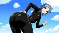 ass bending_over big_ass big_butt black_bodysuit blue_hair brown_eyes curvy dat_ass edit fairy_tail hat jiggle_butt_gang latex latex_bodysuit levy_mcgarden looking_at_viewer skintight small_breasts smile spandex thick_ass thick_thighs voluptuous