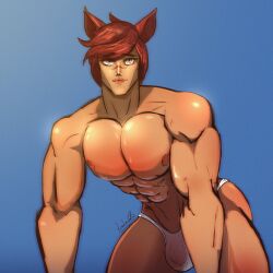 brown_hair bulge lalacatio02 league_of_legends male male_only muscular muscular_male oiled_skin pecs sett thong thong_only white_thong