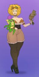 blonde_hair boots bra breasts child_bearing_hips chocker cleavage clothing color corset curly_hair curvy diklonius female glasses green_fur gun hi_res high_heels huge_breasts monkey original original_character pants pistol steampunk steampunk_goggles thick_thighs voluptuous wide_hips