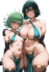 2girls ai_generated ass breast_size_difference breasts female flyingpancake fubuki_(one-punch_man) green_eyes green_hair height_difference huge_breasts light-skinned_female light_skin naughty_face one-punch_man short_hair sisters small_breasts tatsumaki thighs