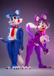 3d_(artwork) animatronic anthro balls bent_over big_breasts blender_(artwork) blue_body bow_tie breasts candy_(fnac) character_name chromatic_aberration cindy_(fnac) claws digital_media_(artwork) domestic_cat duo erection fangs felid feline felis female five_nights_at_candy's genitals half-closed_eyes hand_on_hip hi_res humanoid_genitalia humanoid_penis long_penis looking_at_viewer machine male mammal narrowed_eyes necktie penis purple_body red_bow_tie red_necktie robot robot_anthro standing tail tail_motion tailwag teeth text tongue tongue_out vincead watermark