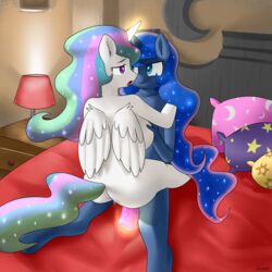 2014 absurdres alicorn anthro anthrofied bed bedroom blue_eyes blue_fur blue_hair cutie_mark derpah dildo duo equine female friendship_is_magic fur furry glowing highres horn incest indoors lamp long_hair magic mammal multicolored_hair my_little_pony on_bed open_mouth pillow princess_celestia_(mlp) princess_luna_(mlp) princest purple_eyes pussy_juice sex_toy siblings sister sisters sitting white_fur wings yuri