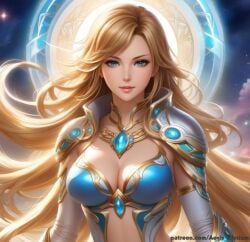 1girls aegis_elysium ai_art ai_generated armor blonde_hair blue_eyes breasts cleavage day dress fantasy female_focus female_warrior galaxy gem gloves hair_ornament headpiece heroine highres huge_breasts jewelry large_breasts light long_hair looking_at_viewer navel night night_sky original_character outdoors patreon patreon_username sky sky_background solo solo_focus star starry_background thick_thighs thighs tiara very_long_hair warrior