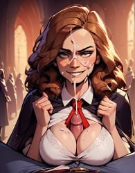 1boy 1girls ai_generated cleavage clothed cum cum_between_breasts cum_on_face cumshot facial gesugao harry_potter hermione_granger huge_cock huge_cock kneeling looking_at_partner paizuri paizuri_lead_by_female paizuri_under_clothes paralap sadistic_girl sadistic_smile unbottoned_shirt