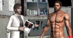 1boy 1girls 3d abs biohazard chris_redfield cleavage clothed_female_nude_male doctor female lab_coat male muscular muscular_male nude nude_male nude_male_clothed_female photo_(object) rebecca_chambers resident_evil resident_evil_0 resident_evil_8:_village shirtless shirtless_male