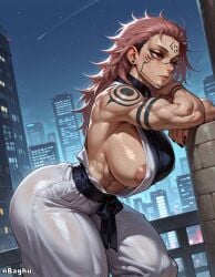 1girls ai_generated areola_slip areolae arm_tattoo big_ass expressionless face_tattoo forehead_tattoo genderswap_(mtf) harem_pants highres jujutsu_kaisen kimono large_breasts leaning_forward muscular muscular_female nbaghu obliques pink_hair red_eyes rule_63 ryoumen_sukuna_(jujutsu_kaisen) sash sideboob sleeveless solo tattoo thick_thighs turtleneck undercut