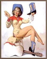 20th_century boots cowboy_hat cowgirl_outfit gil_elvgren guitar painting_(artwork) pin-up pinup polishing traditional_media_(artwork) vintage