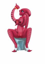 anthro blush breasts cephalopod female fruit high_heels juice naked_footwear naked_heels nude octopus orangina pussy solo spread_legs spreading tentacle tongue tongue_out unknown_artist