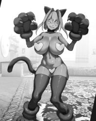 1girls areolae breasts cat_ears cat_tail detached_collar fake_animal_ears female female_only functionally_nude hair_intakes heart_censor hololive hololive_english huge_breasts looking_at_viewer makinakid monochrome navel nipples ouro_kronii paw_gloves pussy smile solo thick_thighs thighhighs toned virtual_youtuber