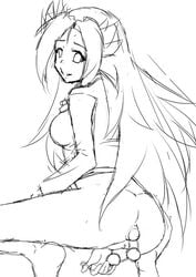 anal_beads anal_beads_pull anus ass character_request female long_hair looking_back md5_mismatch monochrome negative_(artist) pixiv_thumbnail pussy sketch smile solo