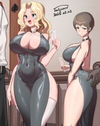 2boys 2girls ass blonde_hair blue_eyes blush breasts brown_eyes brown_hair cameltoe choker cleavage covered_navel dress freckles girls_und_panzer grabbing_another's_ass groping huge_breasts impossible_clothes impossible_dress indoors kay_(girls_und_panzer) long_hair multiple_boys multiple_girls naomi_(girls_und_panzer) no_bra no_panties open_mouth short_hair smile thighhighs tochinoko white_thighhighs