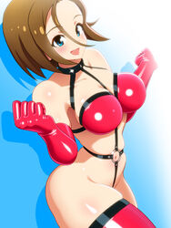 2d aqua_eyes bikini boots breasts brown_hair elbow_gloves enkaboots female fetish_wear gloves happy harness large_breasts latex latex_gloves navel open_mouth original red_gloves short_hair thighhighs