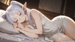 1girl ai_generated amoraart artist_name bare_shoulders blush breasts closed_eyes closed_mouth cum cum_on_body cum_on_clothes cum_on_hair earrings elf facial female female_only frieren grey_hair indoors jewelry long_hair lying on_bed on_side parted_bangs pillow pointy_ears sleeping small_breasts solo sousou_no_frieren thighs twintails white_dress white_hair