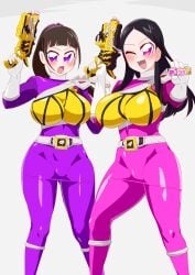 2girls alluring amy_yuzuki big_breasts black_hair blaster_(weapon) bodysuit brown_hair holding_blaster magenta_eyes multiple_girls no_headwear otokam1117 pin_up purple_hair super_sentai yayoi_ulshade zyuden_sentai_kyoryuger