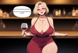 1girls ai_generated blonde_hair blue_eyes bob_cut cleavage earrings eyeshadow huge_breasts milf narrow_waist necklace novelai original red_dress red_lipstick solo_female speech_bubble text thick_thighs wide_hips wine wine_glass