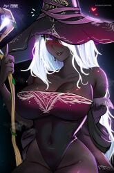 blush clothed dark_skin dark_skinned_female elden_ring elden_ring_nightreign fromsoftware looking_at_viewer mage magic myst recluse_(elden_ring) recluse_(nightreign) skimpy_dress staff sweat sweatdrop thick_thighs tight_clothing witch witch_hat yhw