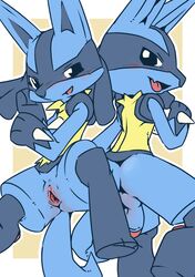 2014 anthro ass balls barefoot blush canine duo female fur furry furry_only happy hi_res jackal kesu_pu long_ears lucario male mammal nintendo nude open_mouth penis pokemon pokemon_(species) pussy smile spikes spread_legs spreading tongue uncut video_games