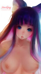 2014 blue_eyes blue_hair breasts ecchi_pantsu eyelashes female hairbow long_hair looking_at_viewer multicolored_hair nipples nude open_mouth panty_&_stocking_with_garterbelt pink_hair solo stocking_anarchy two_tone_hair