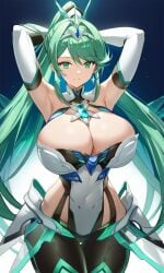 1girls aegis_elysium ai_art ai_generated armpits arms_behind arms_behind_head arms_up blush blushing_at_viewer breasts cleavage earrings elbow_gloves female_focus gem gloves green_eyes green_hair hair_ornament headpiece huge_breasts jewelry large_breasts long_sleeves mythra mythra_(xenoblade) nintendo pneuma pneuma_(xenoblade) ponytail pyra pyra_(xenoblade) skindentation solo solo_focus thick_thighs thighs tiara xenoblade_(series) xenoblade_chronicles_(series) xenoblade_chronicles_2