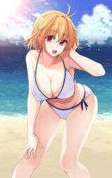 absurdres ahoge arcueid_brunestud ass beach big_breasts bikini blonde_hair breast_focus breasts cleavage cloud cloudy_sky commentary_request enormous_breasts hand_on_own_head hand_on_own_thigh highres huge_breasts large_breasts leaning_forward navel ocean open_mouth outdoors presenting_breasts red_eyes short_hair sky sun sunlight swimsuit thick_thighs thighhighs thighs tsukihime white_bikini wide_hips