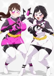 2girls alluring big_breasts black_hair bodysuit brown_hair igasaki_fuuka momochi_kasumi multiple_girls no_headwear otokam1117 otokamu pink_eyes purple_eyes shuriken_sentai_ninninger super_sentai