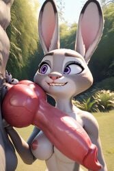 1boy 1girls ai_generated balls bunny canine_penis cock disney ears_up erection excited grey_fur huge_cock interspecies judy_hopps mammal purple_eyes size_difference teeth_showing zootopia