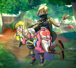 2girls femdom hylian impa impa_(skyward_sword) joesaras nintendo panties panties_down princess_zelda print_panties sheikah skyward_sword spanking the_legend_of_zelda zelda_(skyward_sword)