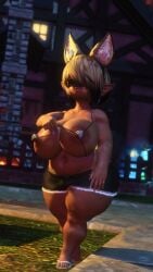 big_breasts blonde_hair breasts dark-skinned_female dark_skin exposed_breasts female female_only final_fantasy_xiv freckles gpose(ffxiv) hips hips_wider_than_shoulders lalafell large_breasts micro_bikini night plump purple_eyes raraka_raka screenshot screenshot_edit shortstack solo_female string_bikini tagme tanuki tummy wide_hips