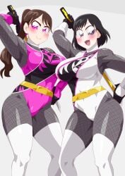 2girls alluring big_breasts black_hair bodysuit brown_hair igasaki_fuuka momochi_kasumi no_headwear otokam1117 pink_eyes purple_eyes shuriken_sentai_ninninger super_sentai