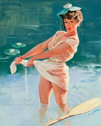 20th_century female gil_elvgren lily_pad paddle painting_(artwork) pin-up pinup pond traditional_media_(artwork) vintage wet wet_dress