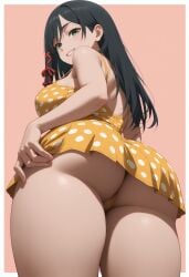 ai_generated amagami-san_chi_no_enmusubi amagami_yae bankai_arts big_ass big_breasts black_hair curvy dress_lift green_eyes large_thighs long_hair polka_dot thick thick_thighs