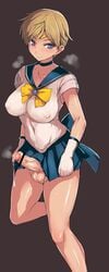 1futa bishoujo_senshi_sailor_moon blonde_hair blue_eyes blush breasts censored choker circlet clothing cum foreskin full-package_futanari futa_only futanari gloves haruka_tenou intersex large_breasts medium_breasts penis precum sailor_uranus see-through short_hair skirt solo solo_futa sweat testicles ubanis