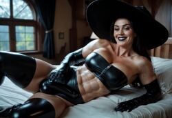 abs ai_generated animated bed biceps black_lipstick bulge elbow_gloves futanari latex muscular tagme thighhighs veins video witch witch_hat