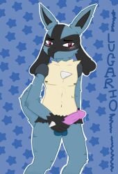 anthro ball_tuft balls black_body black_fur blue_body blue_fur blush blush_lines canid canine canis ears_down ears_up eyebrows fluffy_ears fur generation_4_pokemon genitals hi_res knot looking_at_viewer looking_pleasured lucario male male/male mammal nervous nintendo nipples pattern_background penis penis_grab pivoted_ears pokemon pokemon_(species) raised_eyebrows raised_tail red_eyes shy simple_background skinny slim solo solo_focus spikes spikes_(anatomy) star-shaped_background tail tuft wolf yellow_body yellow_fur