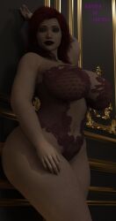 1girls 3d 3d_(artwork) big_ass big_breasts curvy curvy_body curvy_female gardenoffantasi ginger hands_behind_head leaning_against_wall original_character sally_(gardenoffantasi) solo voluptuous voluptuous_female