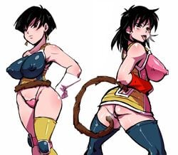 2girls battle_armor black_hair blush breasts busty cleavage dragon_ball dragon_ball_(series) dragon_ball_super dragon_ball_z earrings elastic_armor female female_only gine milf mother multiple_girls nipples_visible_through_clothing nude red_eyes rickert_kai saiyan saiyan_tail seripa skintight steam steamy_breath steamy_pussy tail thighhighs voluptuous