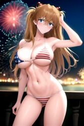 1girl ai-created ai_generated american_flag american_flag_bikini american_flag_swimsuit armpits asuka_langley asuka_langley_sohryu bangs bare_shoulders big_breasts bikini blue_eyes blurry blurry_background blush breasts brown_hair clavicle cleavage closed_mouth clothing cowboy_shot female female_only fireworks flag_print flag_print_bikini flag_print_swimsuit hair_between_eyes hair_ornament headgear interface_headset large_breasts long_hair looking_at_viewer navel neon_genesis_evangelion night night_sky outdoors pixiv print_bikini print_swimsuit rena_aikawa_(pixiv_user) skindentation sky smile solo solo_female stable_diffusion standing star_(sky) star_(symbol) stomach striped striped_bikini striped_swimsuit swimsuit thighs