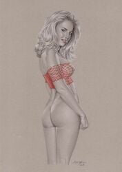 black_and_white bottomless don_monroe facing_away fishnet_topwear monochrome pencil_(artwork) traditional_media_(artwork)