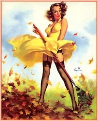 20th_century dress dress_lift female gil_elvgren leaves pin-up pinup pinup_pose rake vintage wind_lift