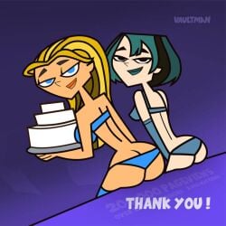 2girls ass bikini blonde_hair blue_bikini bridgette_(tdi) cake gwen_(tdi) swimsuit total_drama_island two_tone_hair vaultman